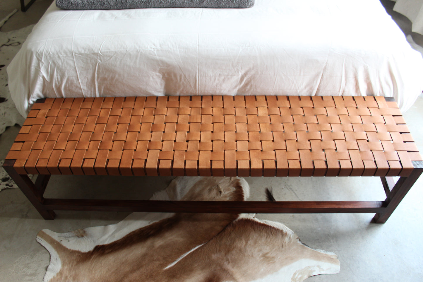 Woven Leather Bench - Tan