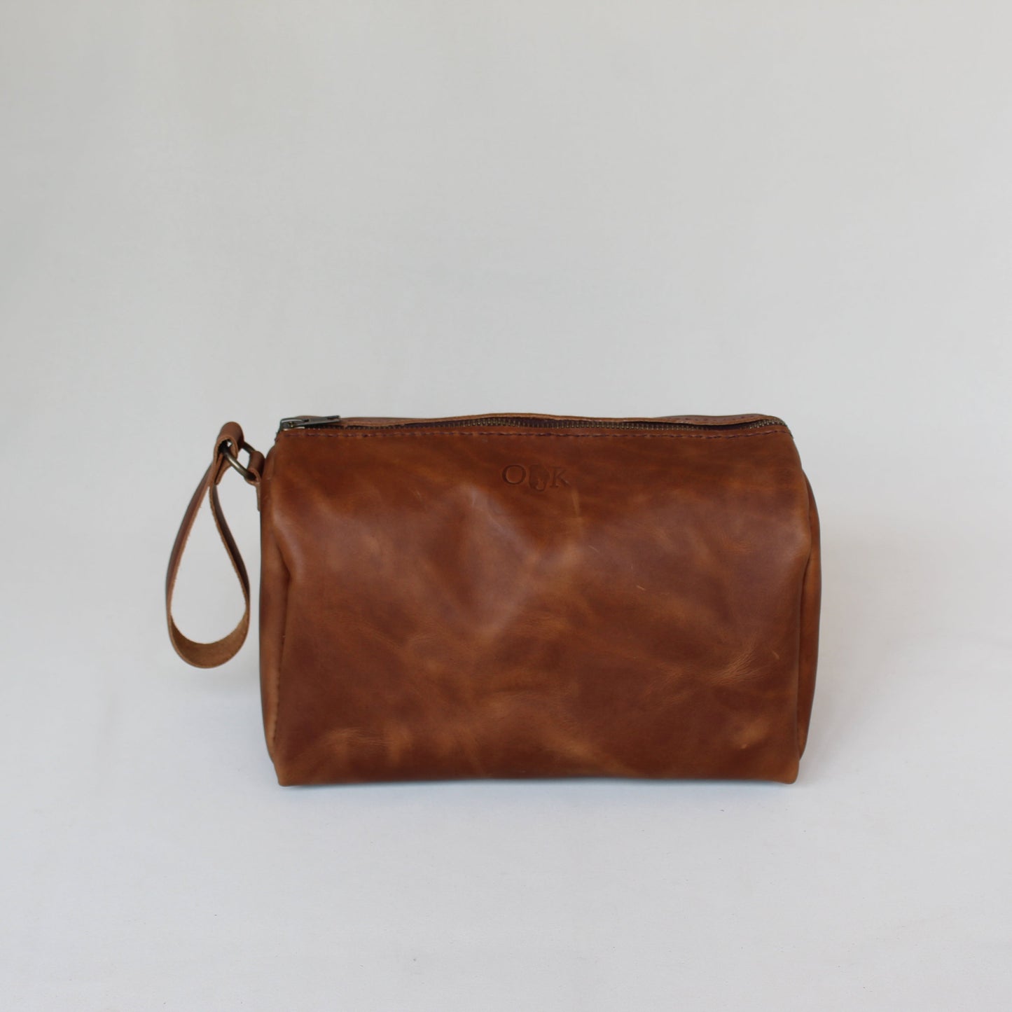 Leather Round Toiletry Bag - Cognac