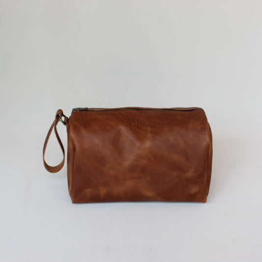 Leather Round Toiletry Bag - Cognac