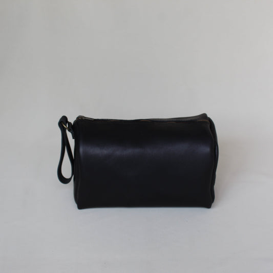 Leather Round Toiletry Bag - Black