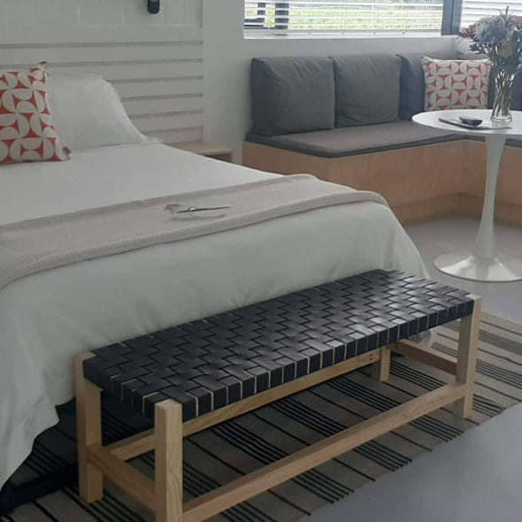 Woven Leather Bench - Black