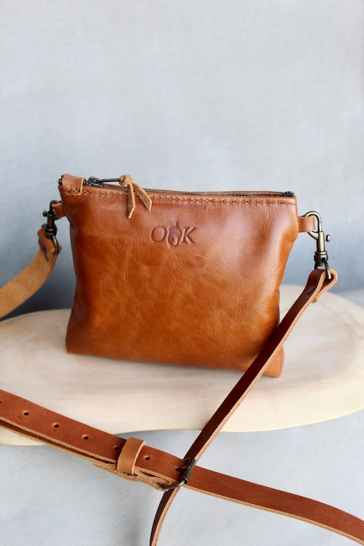 leather satchel in amber