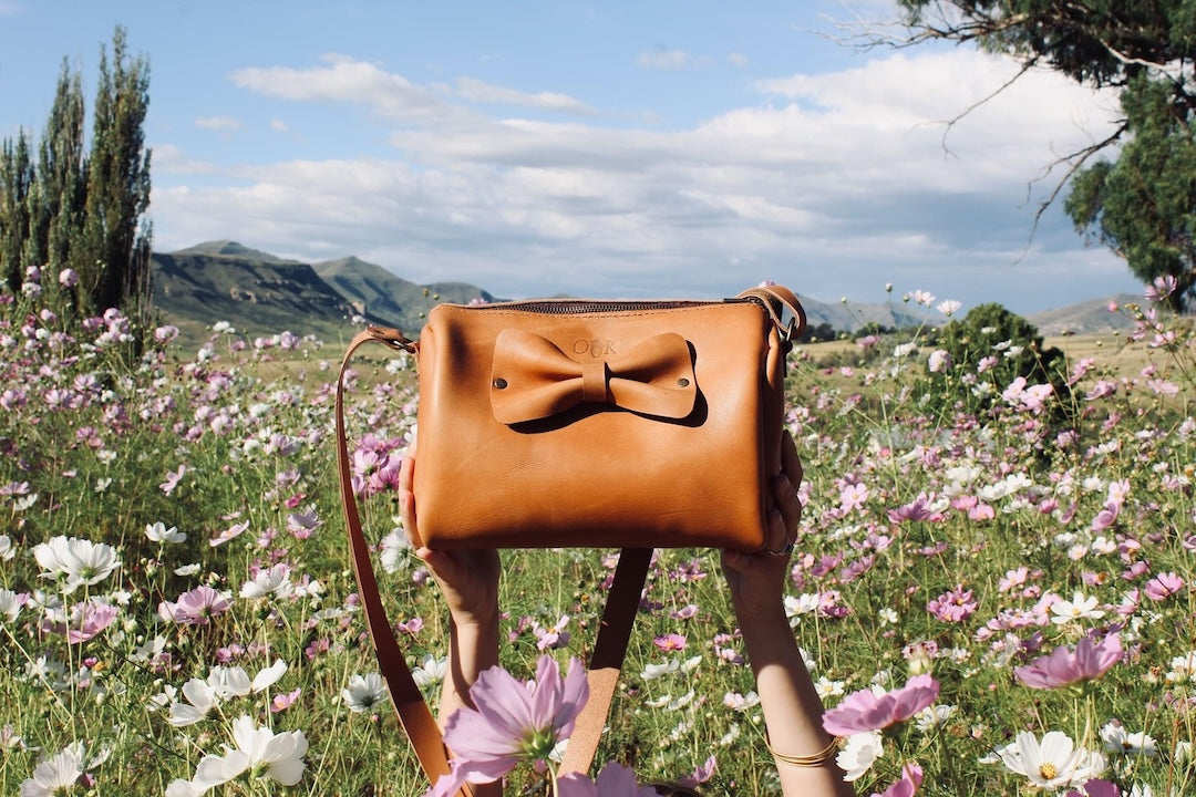 Box bow satchel in tan