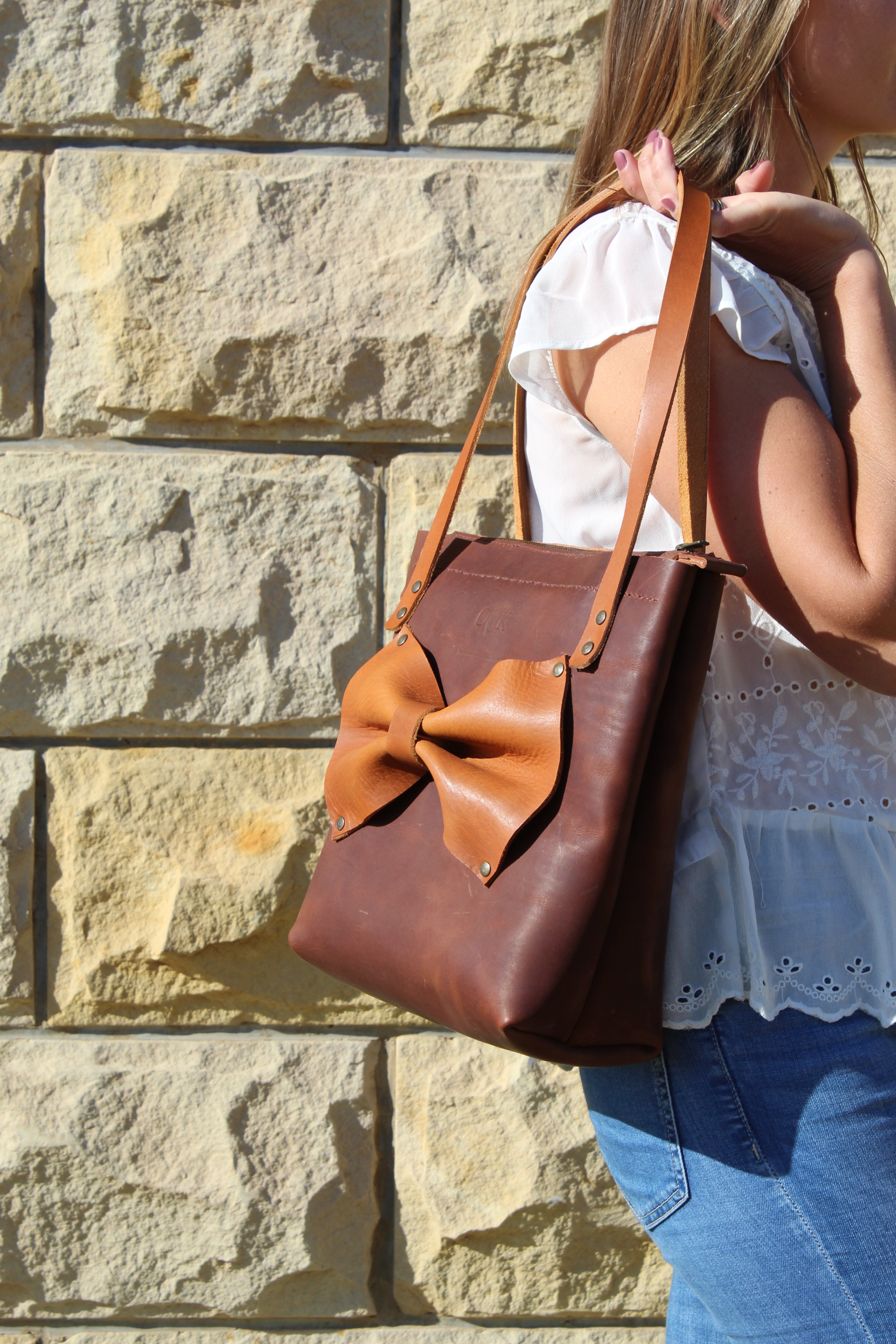 Jani Leather Bow Tote - Cognac with Tan bow