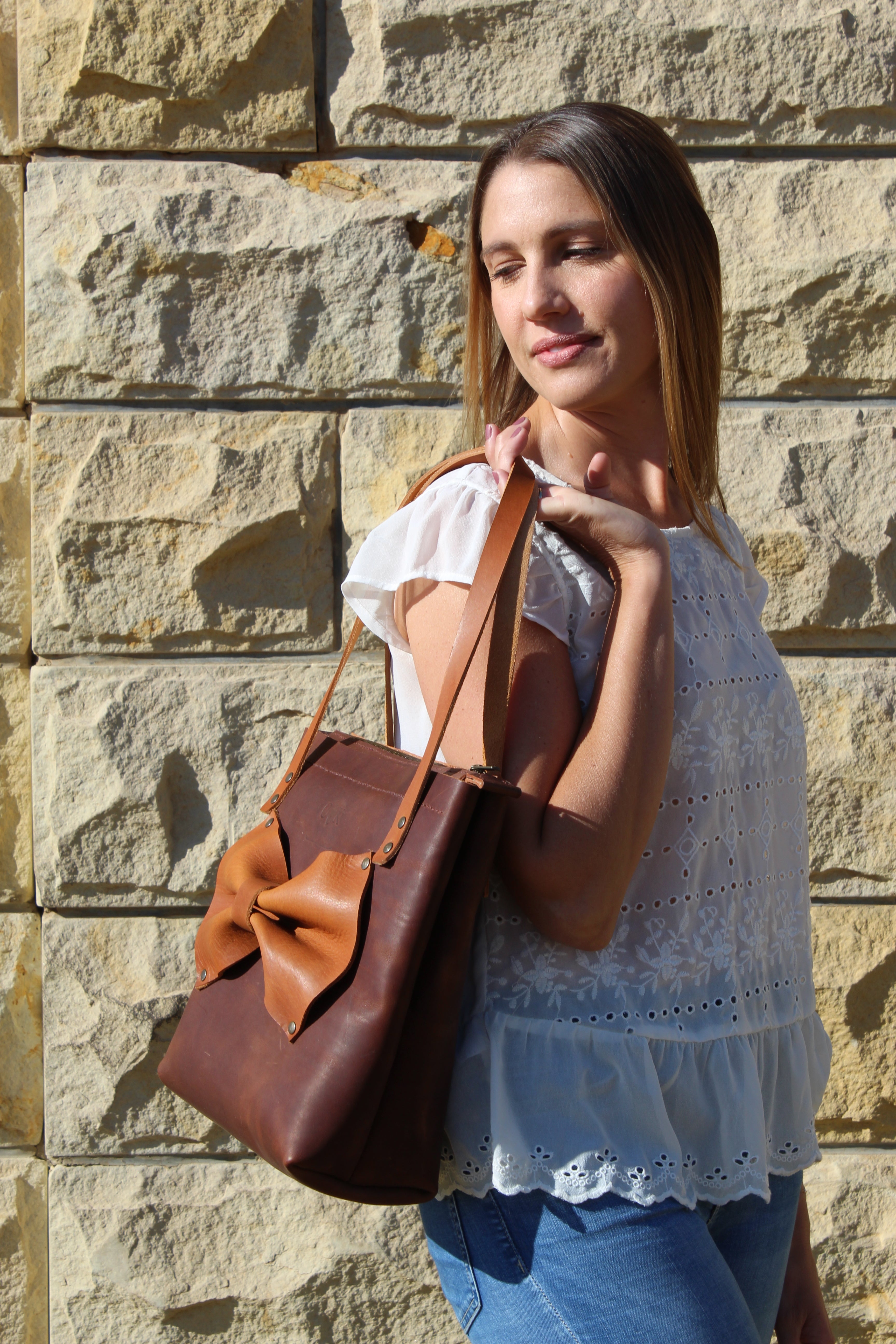 Jani Leather Bow Tote - Cognac with Tan bow