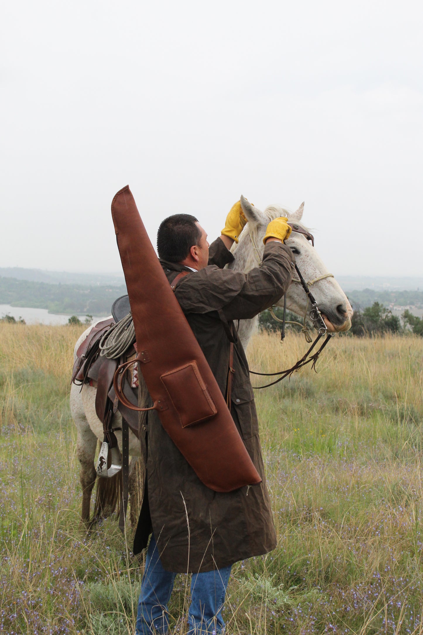 Leather Rifle Bag - Cognac lined with Sheepskin, zip pocket edition