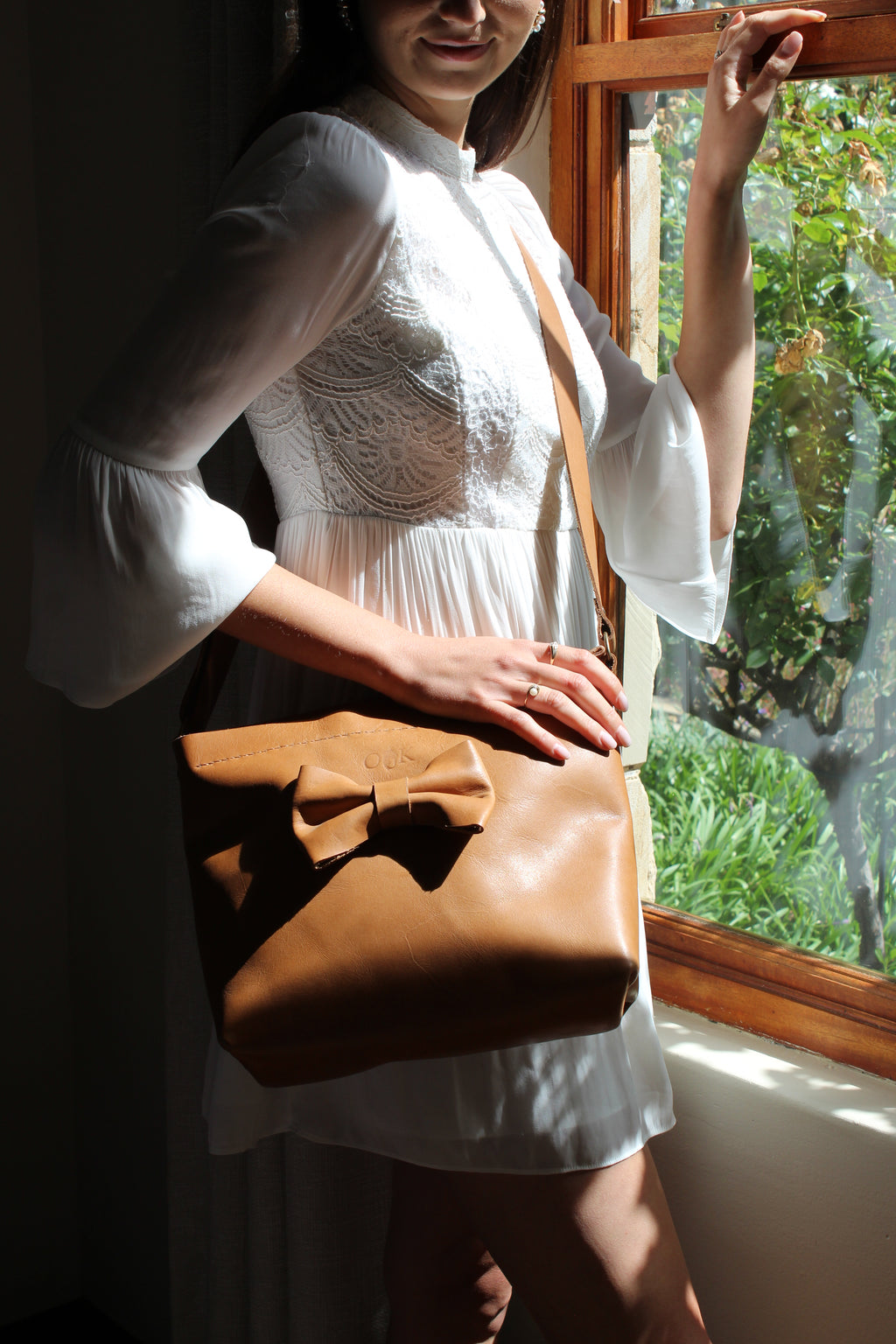 Leather Square Bow Satchel - Tan