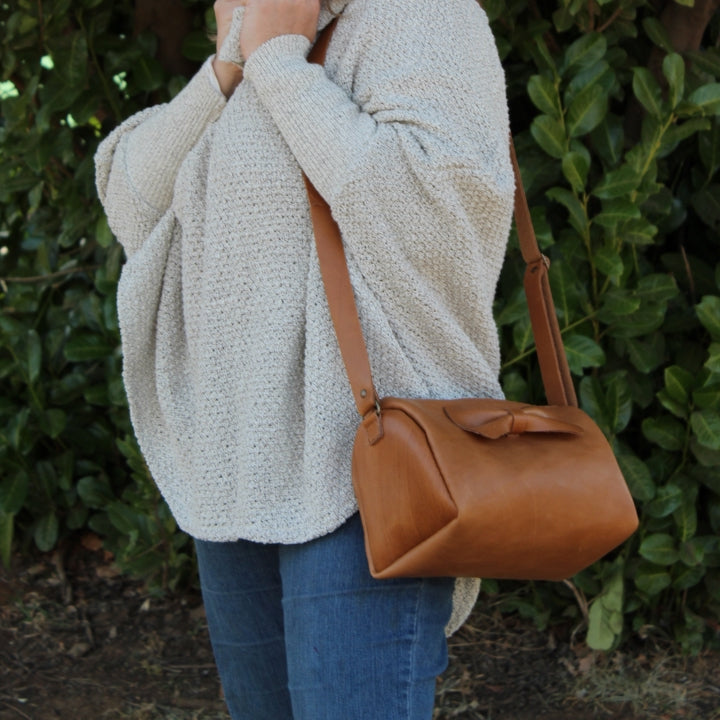 Leather Box Bow Satchel - Tan
