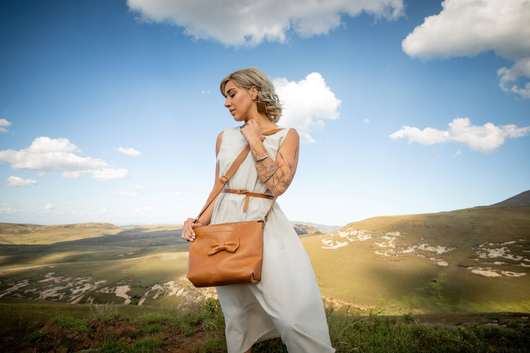 Leather Square Bow Satchel - Tan