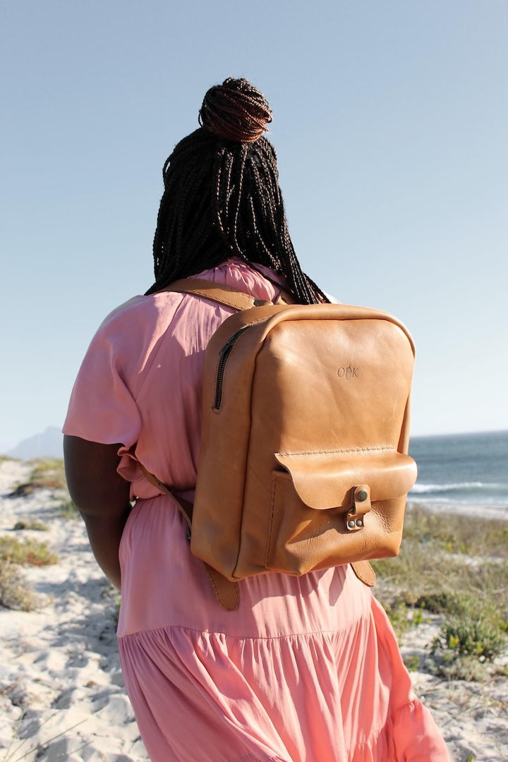 Leather round backpack in tan