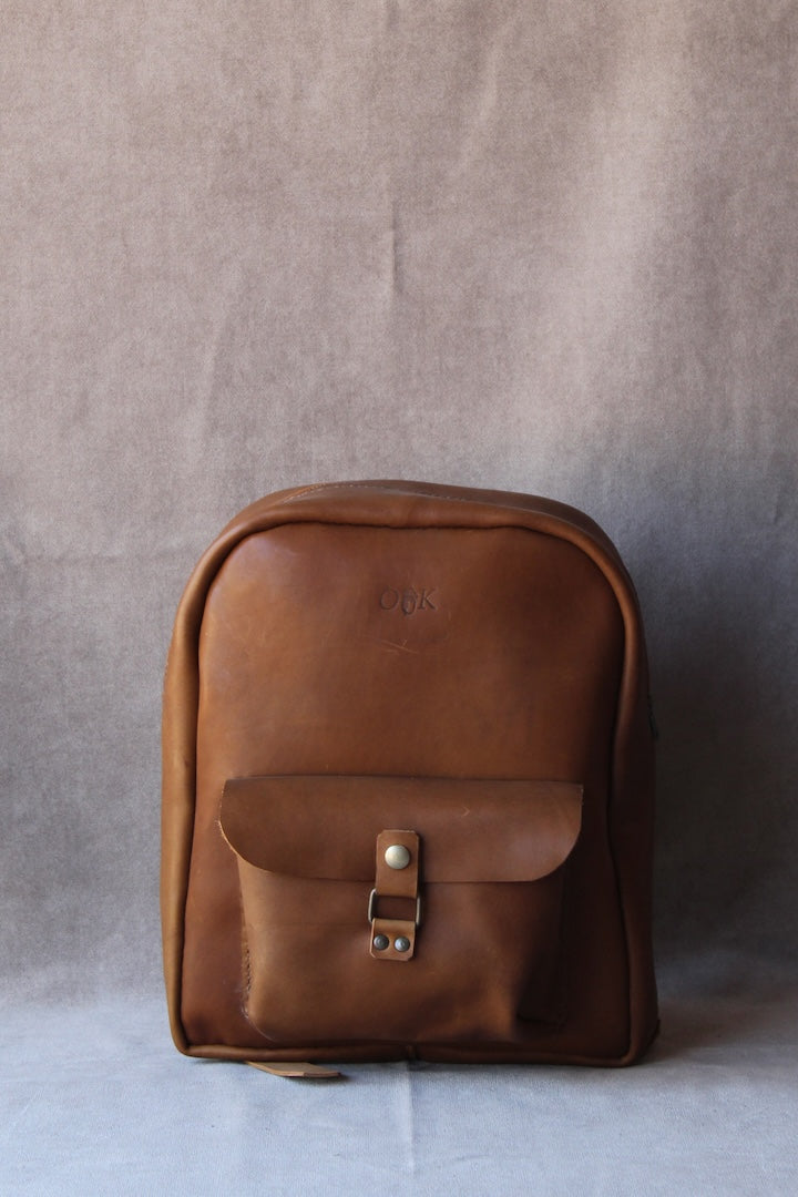 Leather round backpack in tan