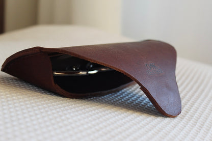 Leather sunglasses case in cognac