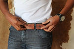 Load image into Gallery viewer, photo of the men&#39;s leather belt in dark brown
