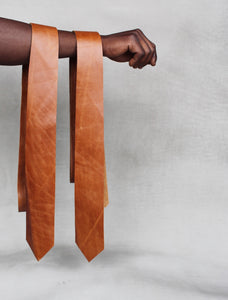 photo of slim leather tie in toffee